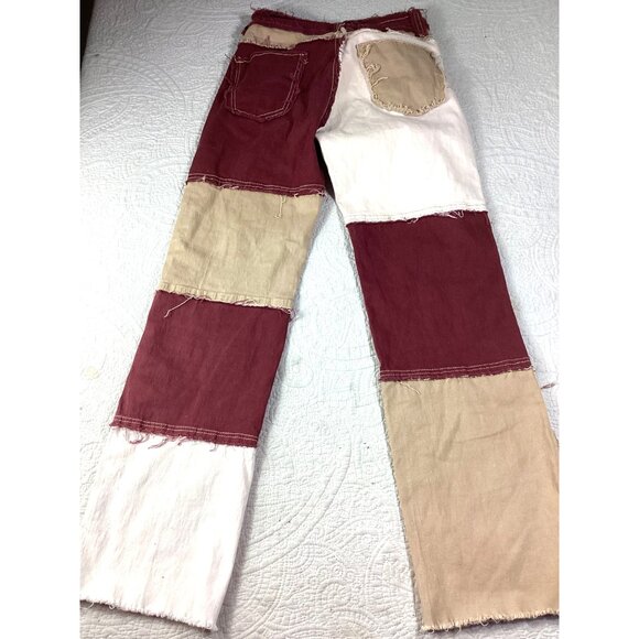 Y2K Distressed Patchwork Straight Jeans Womens Small Beige Black Grunge Rock - Picture 5 of 9